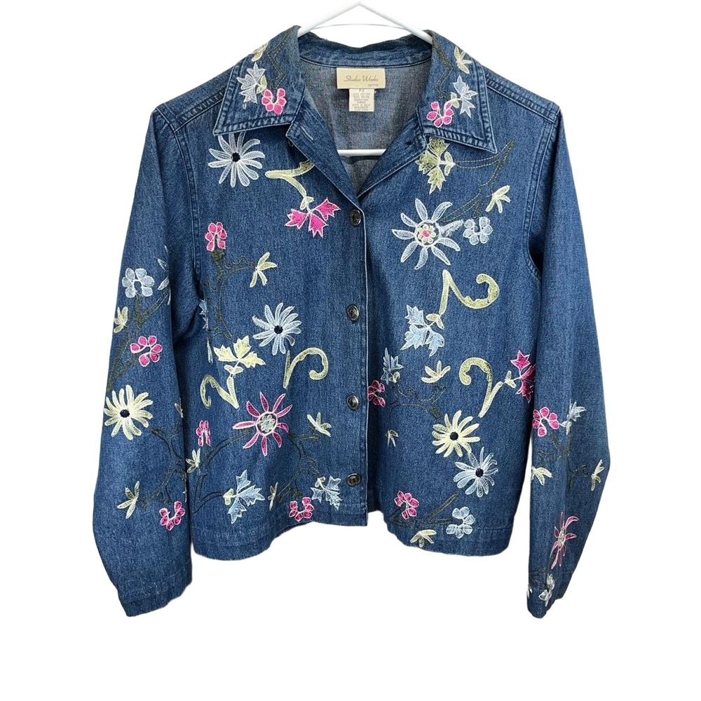 Vintage Studio Works Petite Denim Floral Embroidered Button Up‎ Jacket Size PS